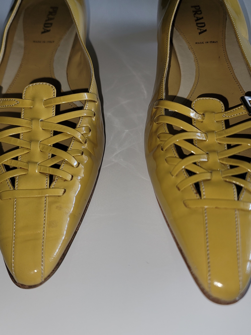 PRADA Yellow Patent Leather Pointed Toe Flats
